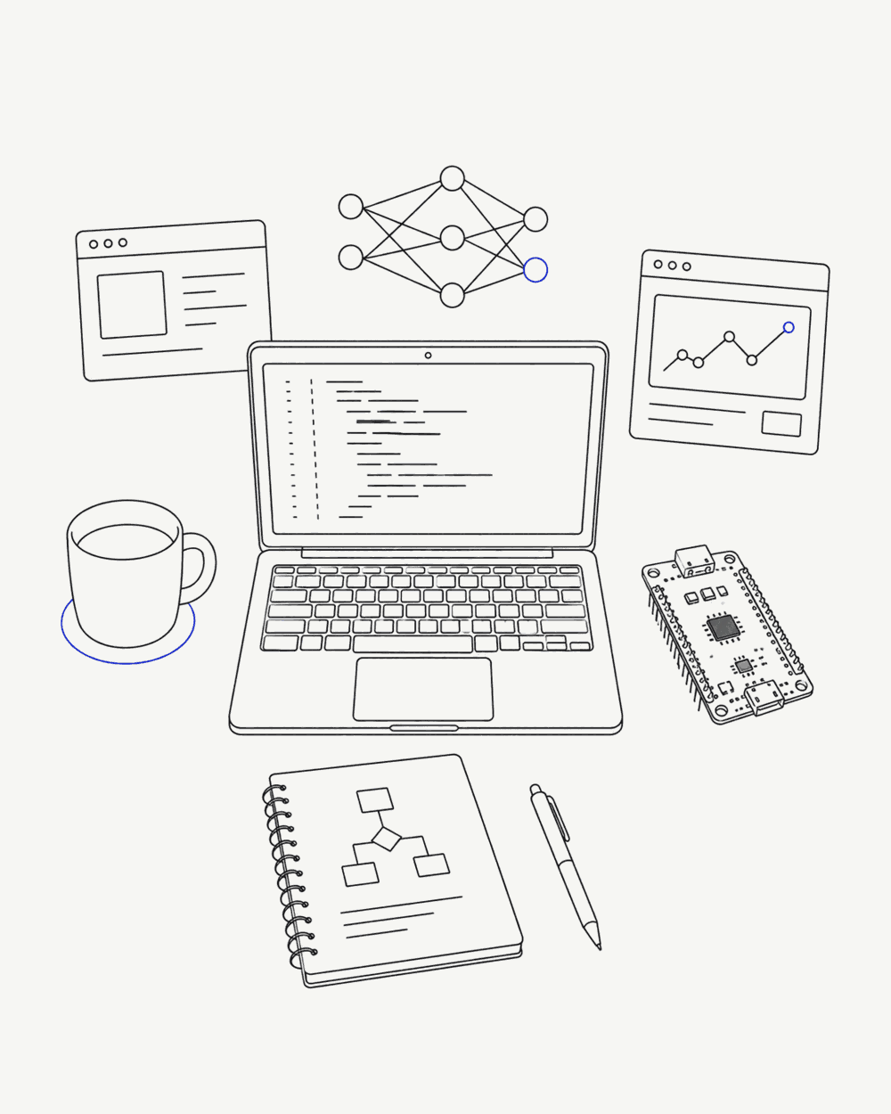 Illustration au trait d'un poste de travail : ordinateur portable affichant du code, carte électronique, réseau de neurones, graphique et carnet de croquis